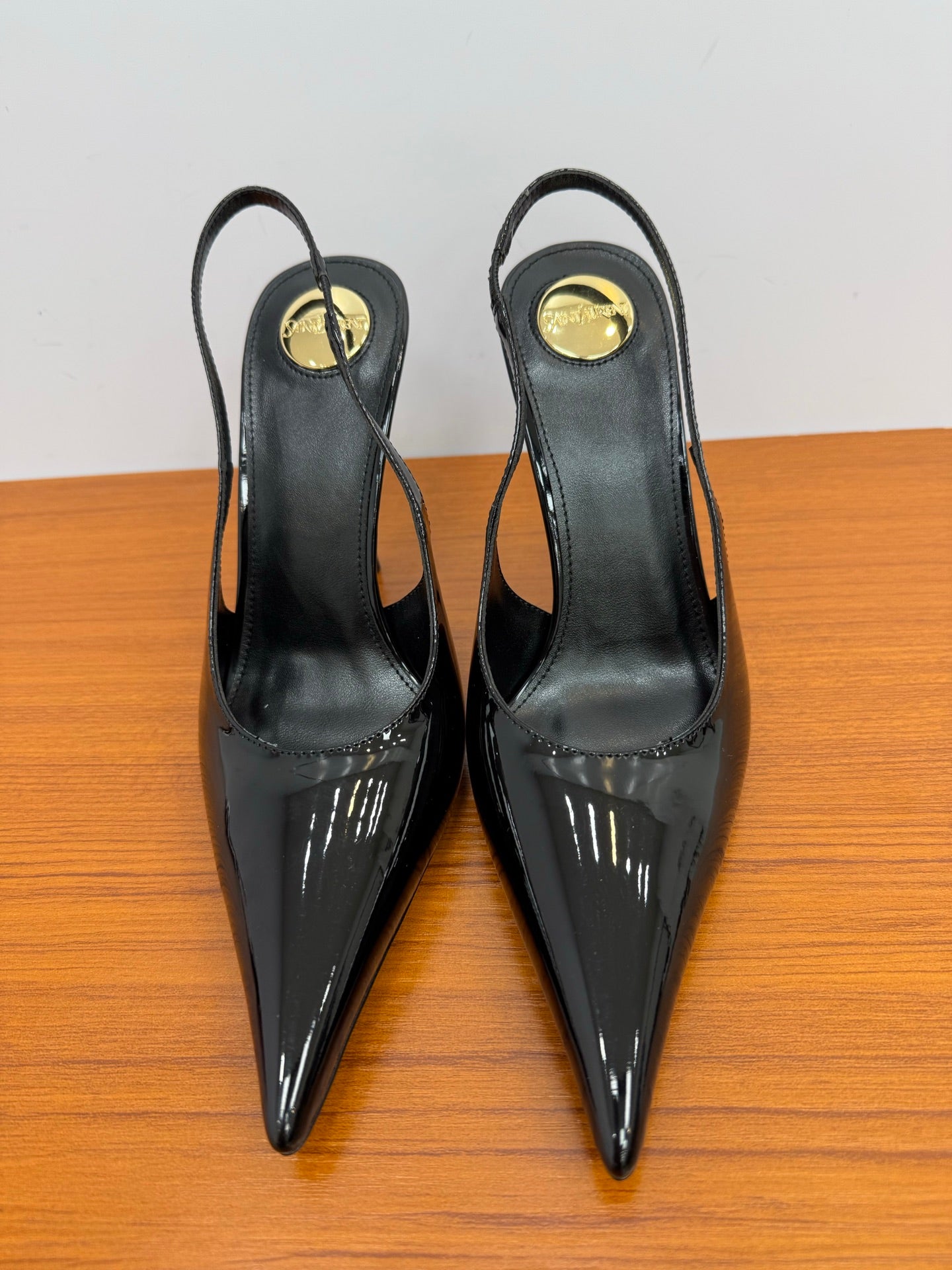 YSL 26S HEELED SLINGBACKS 100 MM IN BLACK GLOSSY CALFSKIN