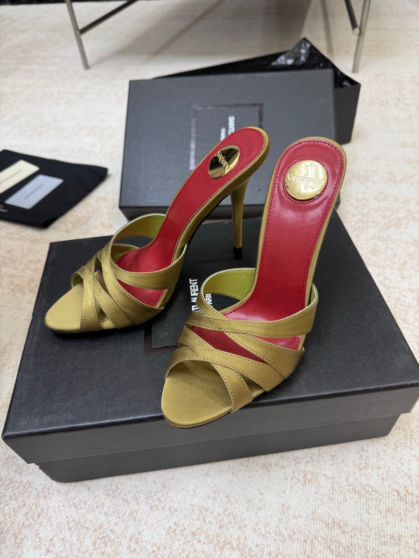 YSL 26S HEELED SANDALS 105 MM IN OLIVE GREEN SATIN