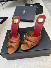 YSL 26S HEELED SANDALS 105 MM IN CLAY BROWN SATIN