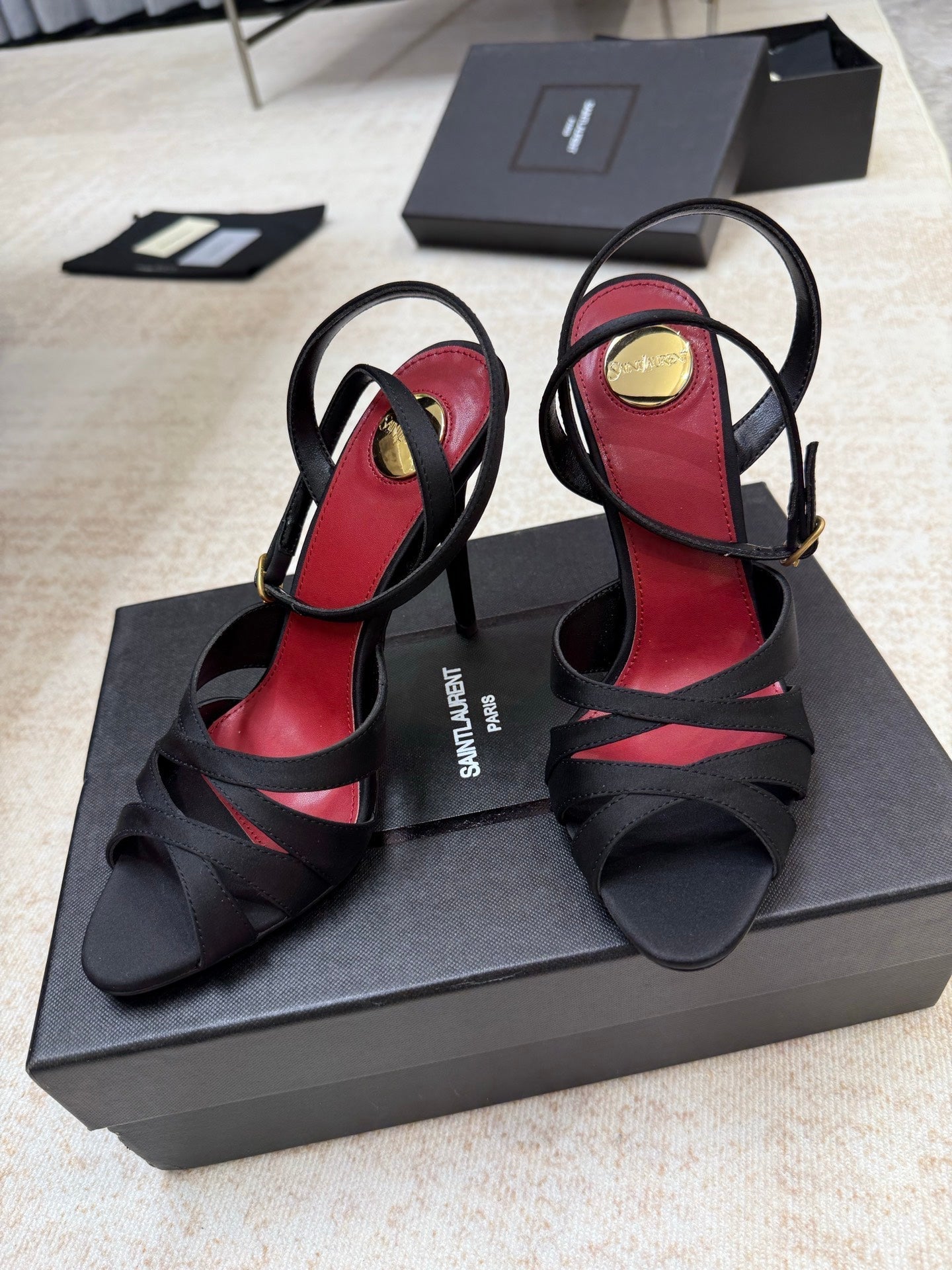 YSL 26S STRAPPY HEELED SANDALS 105 MM IN BLACK SATIN