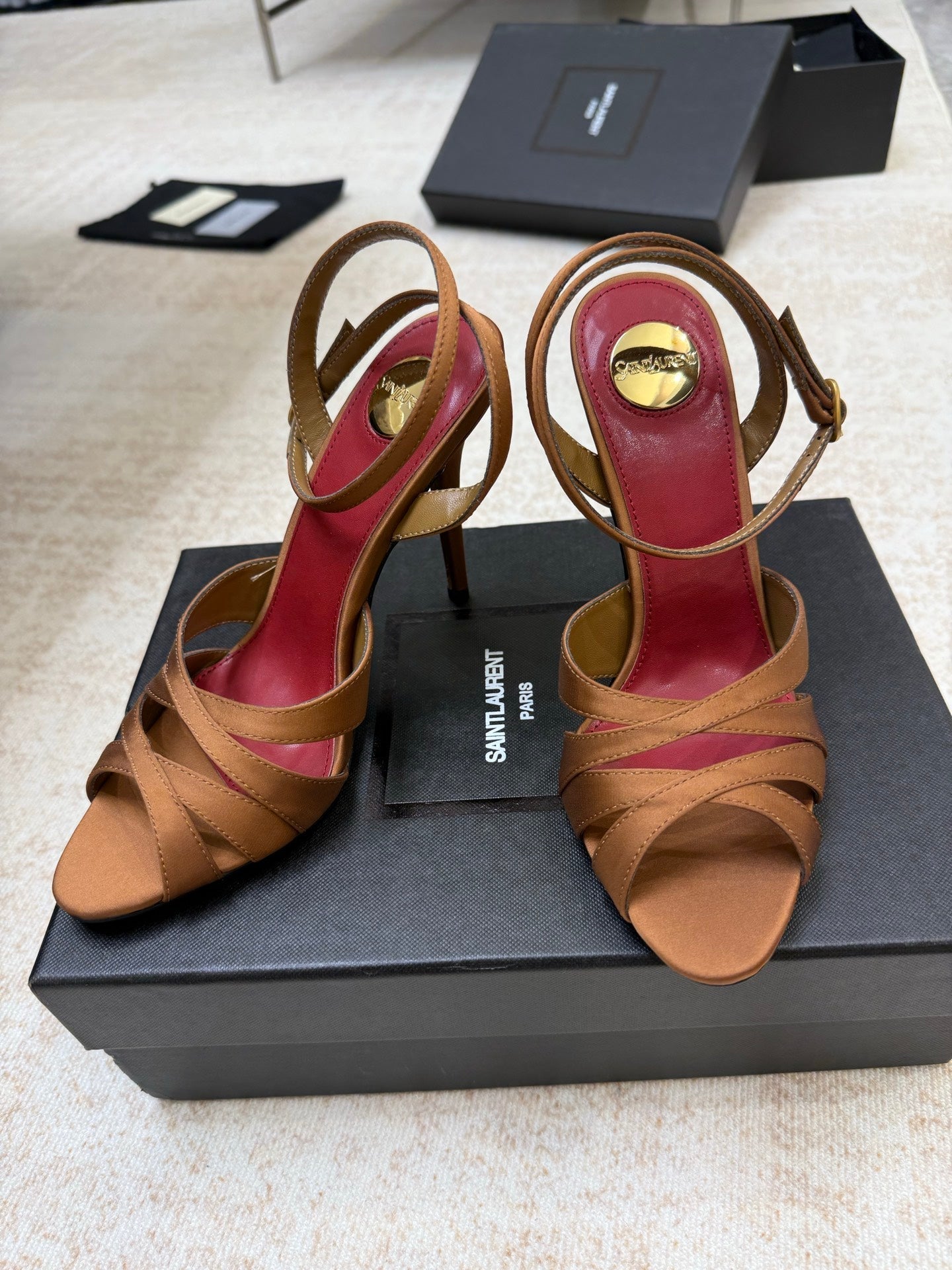 YSL 26S STRAPPY HEELED SANDALS 105 MM IN CLAY BROWN SATIN