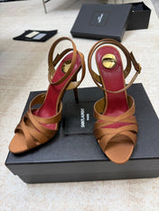 YSL 26S STRAPPY HEELED SANDALS 105 MM IN CLAY BROWN SATIN