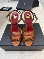 YSL 26S STRAPPY HEELED SANDALS 105 MM IN CLAY BROWN SATIN