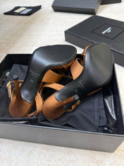 YSL 26S STRAPPY HEELED SANDALS 105 MM IN CLAY BROWN SATIN
