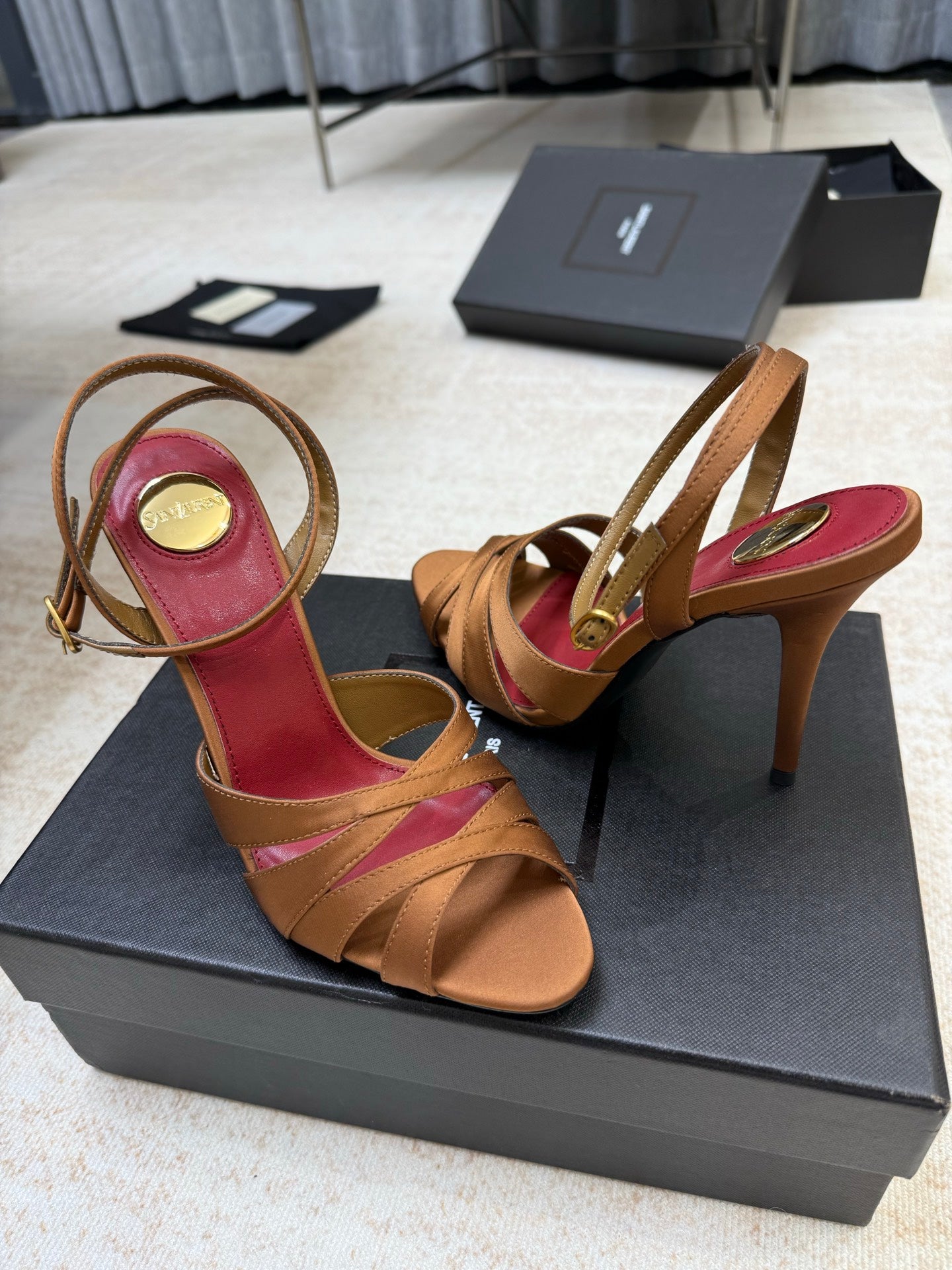 YSL 26S STRAPPY HEELED SANDALS 105 MM IN CLAY BROWN SATIN