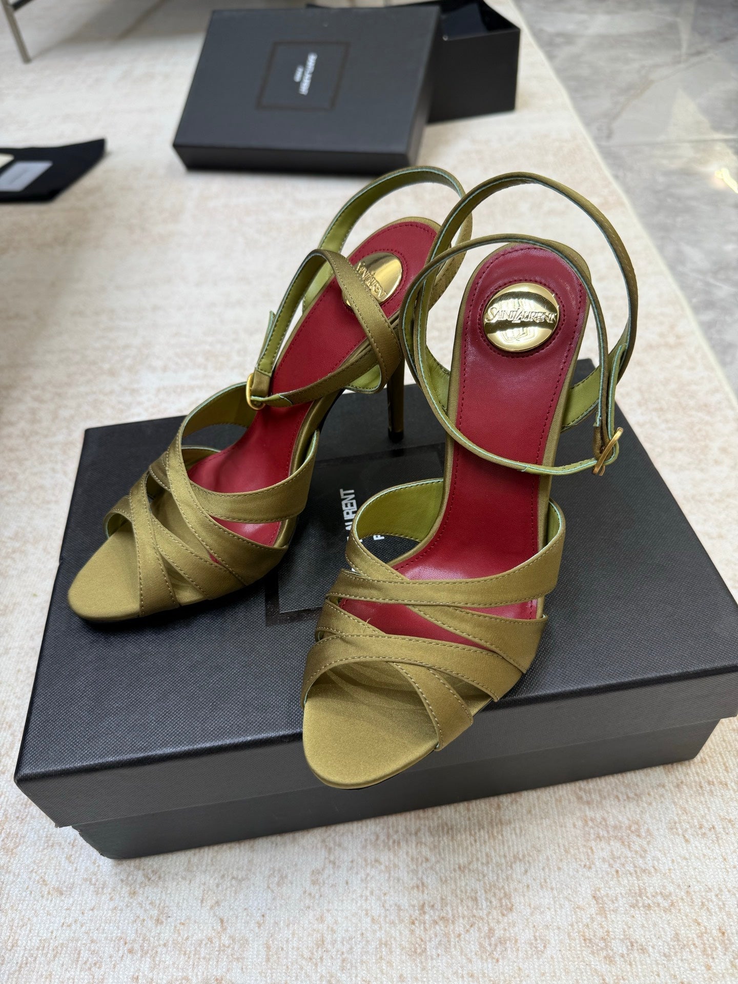 YSL 26S STRAPPY HEELED SANDALS 105 MM IN OLIVE GREEN SATIN