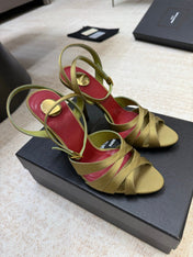 YSL 26S STRAPPY HEELED SANDALS 105 MM IN OLIVE GREEN SATIN