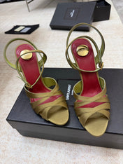YSL 26S STRAPPY HEELED SANDALS 105 MM IN OLIVE GREEN SATIN