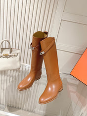 HM 26S TALL FLAT BOOTS IN COGNAC BROWN CALFSKIN