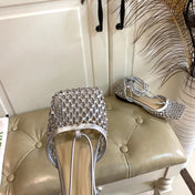 LACE-UP FLAT SANDAL IN SILVER METALLIZED MESH AND LEATHER WITH RHINSTONES