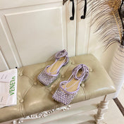 LACE-UP FLAT SANDAL IN LIGHT PURPLE METALLIZED MESH AND LEATHER WITH RHINSTONES