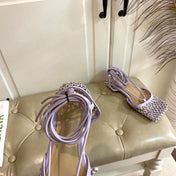 LACE-UP FLAT SANDAL IN LIGHT PURPLE METALLIZED MESH AND LEATHER WITH RHINSTONES