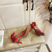 LACE-UP SANDAL IN CRIMSON RED METALLIZED MESH AND LEATHER WITH RHINSTONES 9 CM