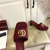 GUCCI 26S HIGH-HEELED SANDALS IN DARK RED CANVAS WITH GOLD HARDWARE