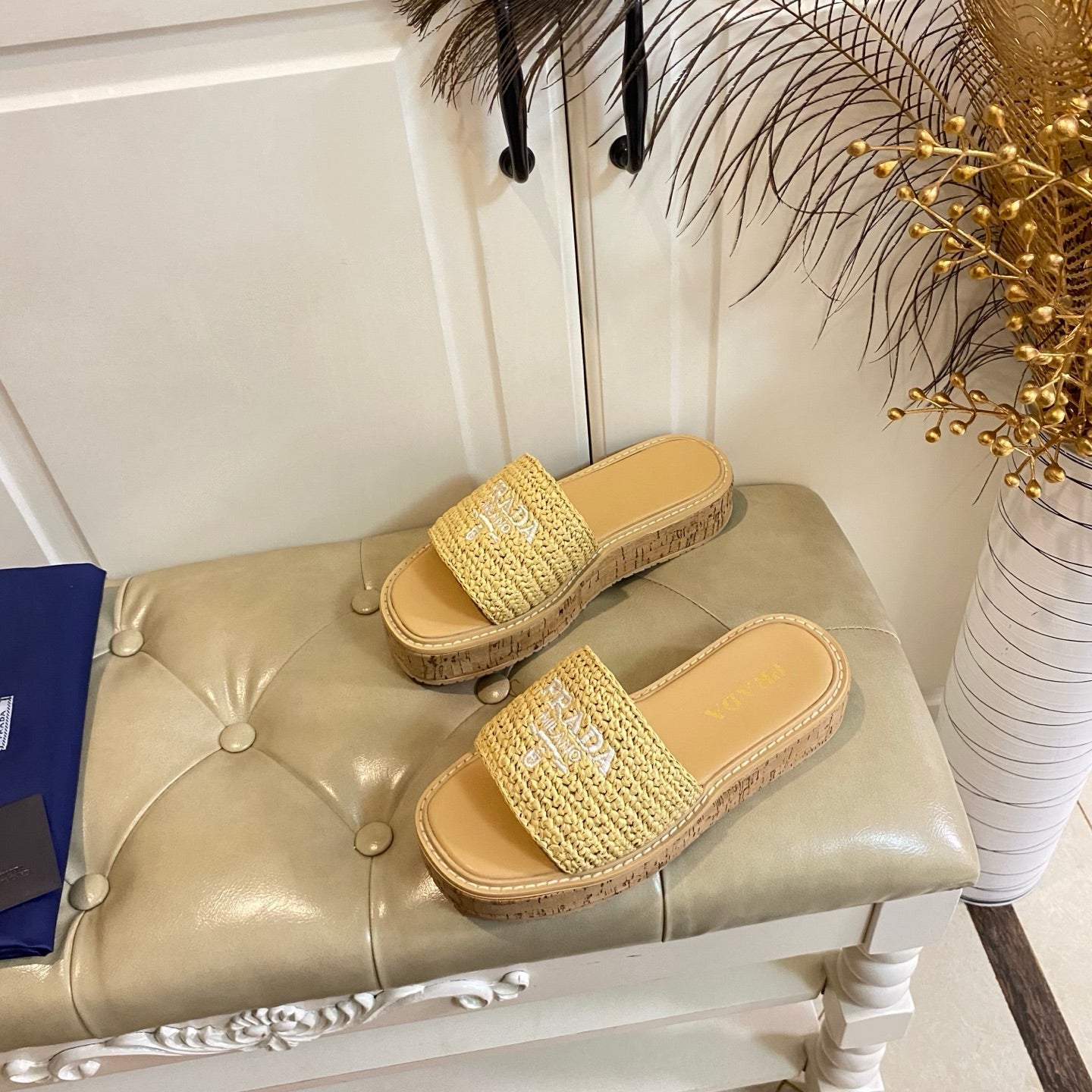 PRADA 26S SLIDE SANDALS CORK SOLE IN BEIGE LOGO RAFFIA