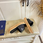 PRADA 26S SLIDE SANDALS CORK SOLE IN BLACK LOGO RAFFIA