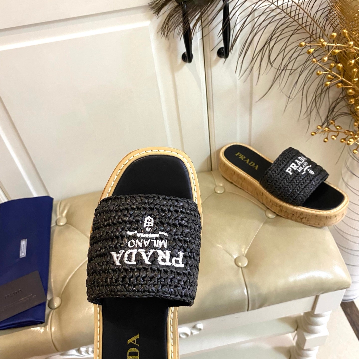PRADA 26S SLIDE SANDALS CORK SOLE IN BLACK LOGO RAFFIA