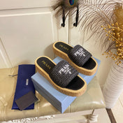 PRADA 26S SLIDE SANDALS CORK SOLE IN BLACK LOGO RAFFIA