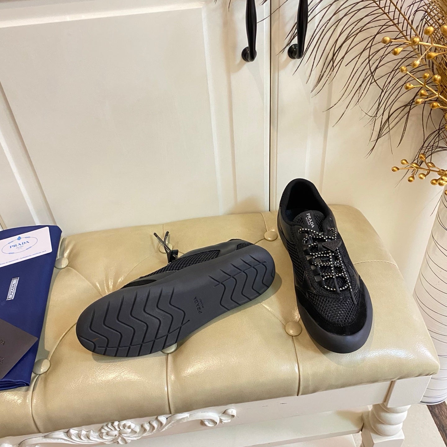PRADA 26S LACE UP SNEAKERS CHUNKY SOLE IN BLACK TECH FABRIC AND MESH