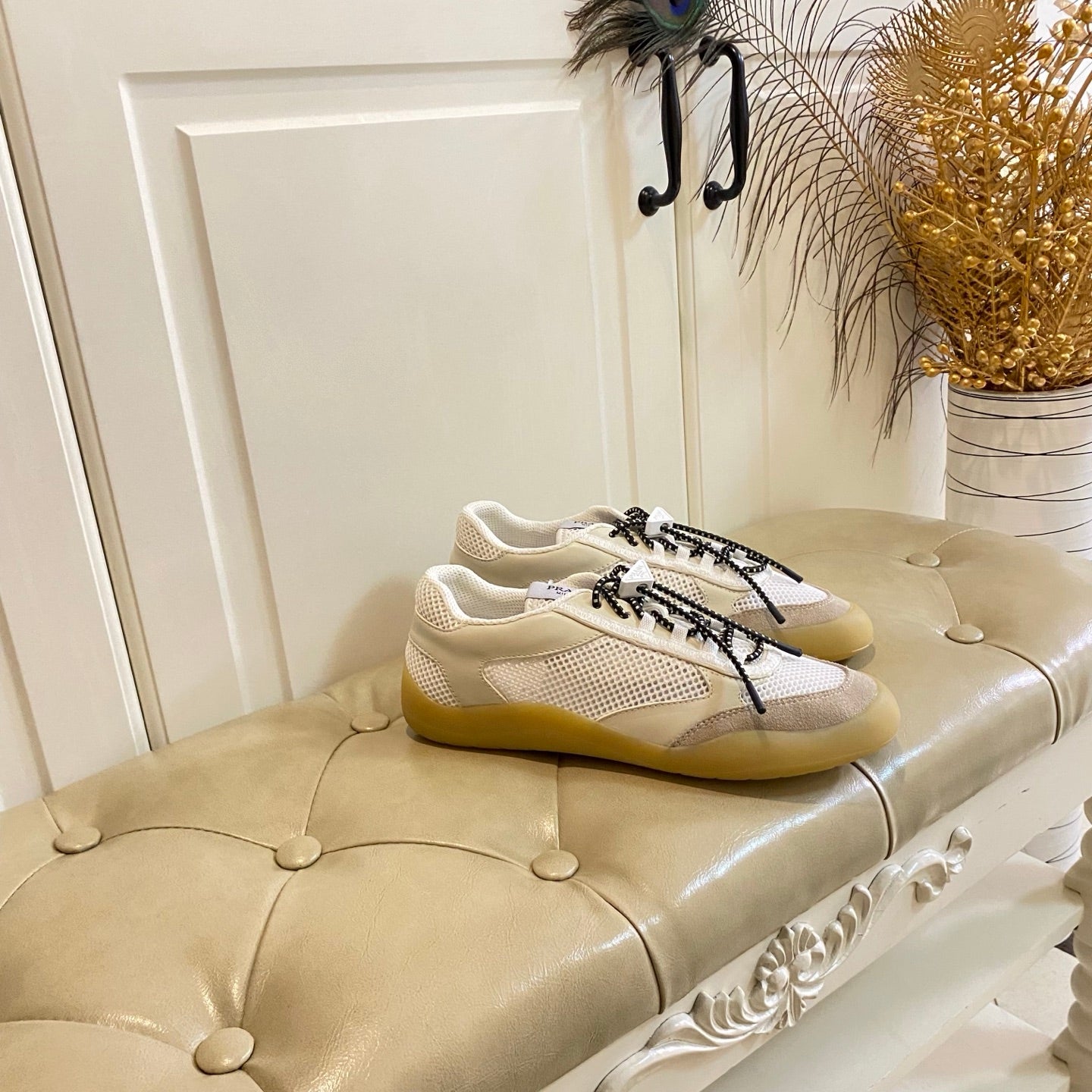 PRADA 26S LACE UP SNEAKERS CHUNKY SOLE IN WHITE TECH FABRIC AND MESH