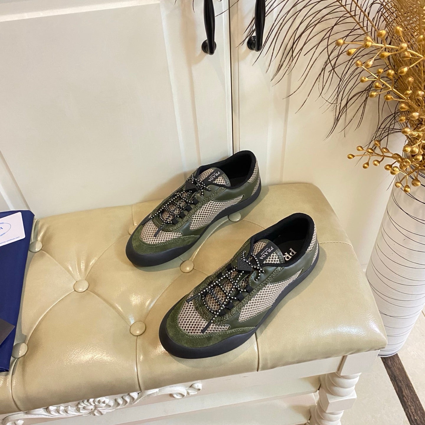 PRADA 26S LACE UP SNEAKERS CHUNKY SOLE IN OLIVE GREEN TECH FABRIC AND MESH