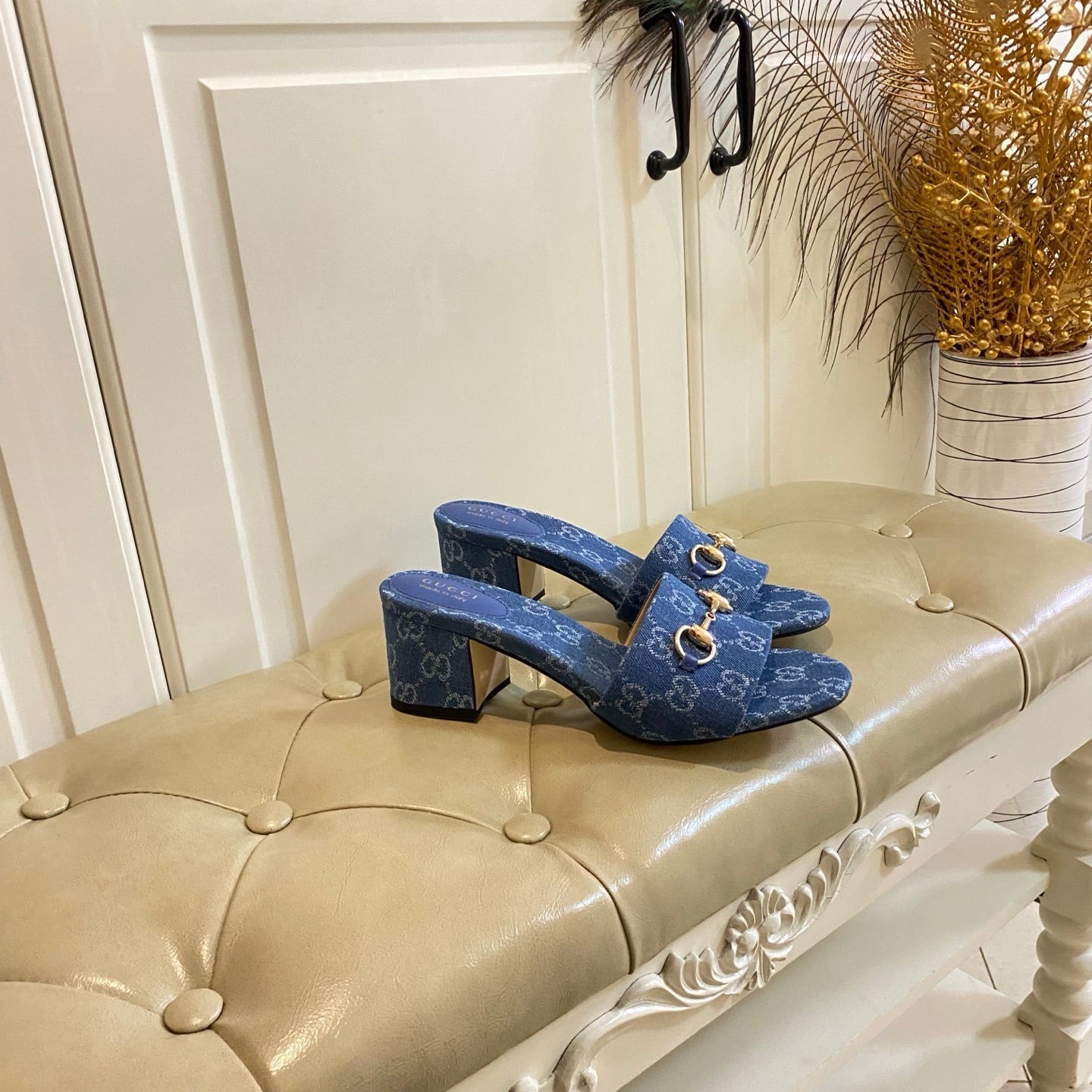 GUCCI 26S HIGH-HEELED SANDALS 65 MM IN BLUE DENIM