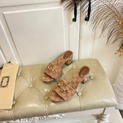GUCCI 26S HIGH-HEELED SANDALS 65 MM IN CAMEL BROWN CANVAS