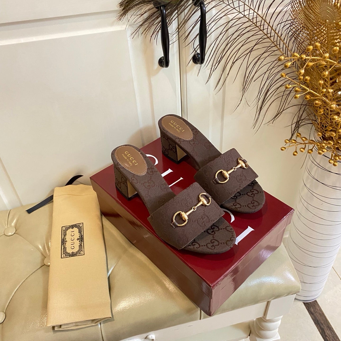 GUCCI 26S HIGH-HEELED SANDALS 65 MM IN DARK BROWN CANVAS