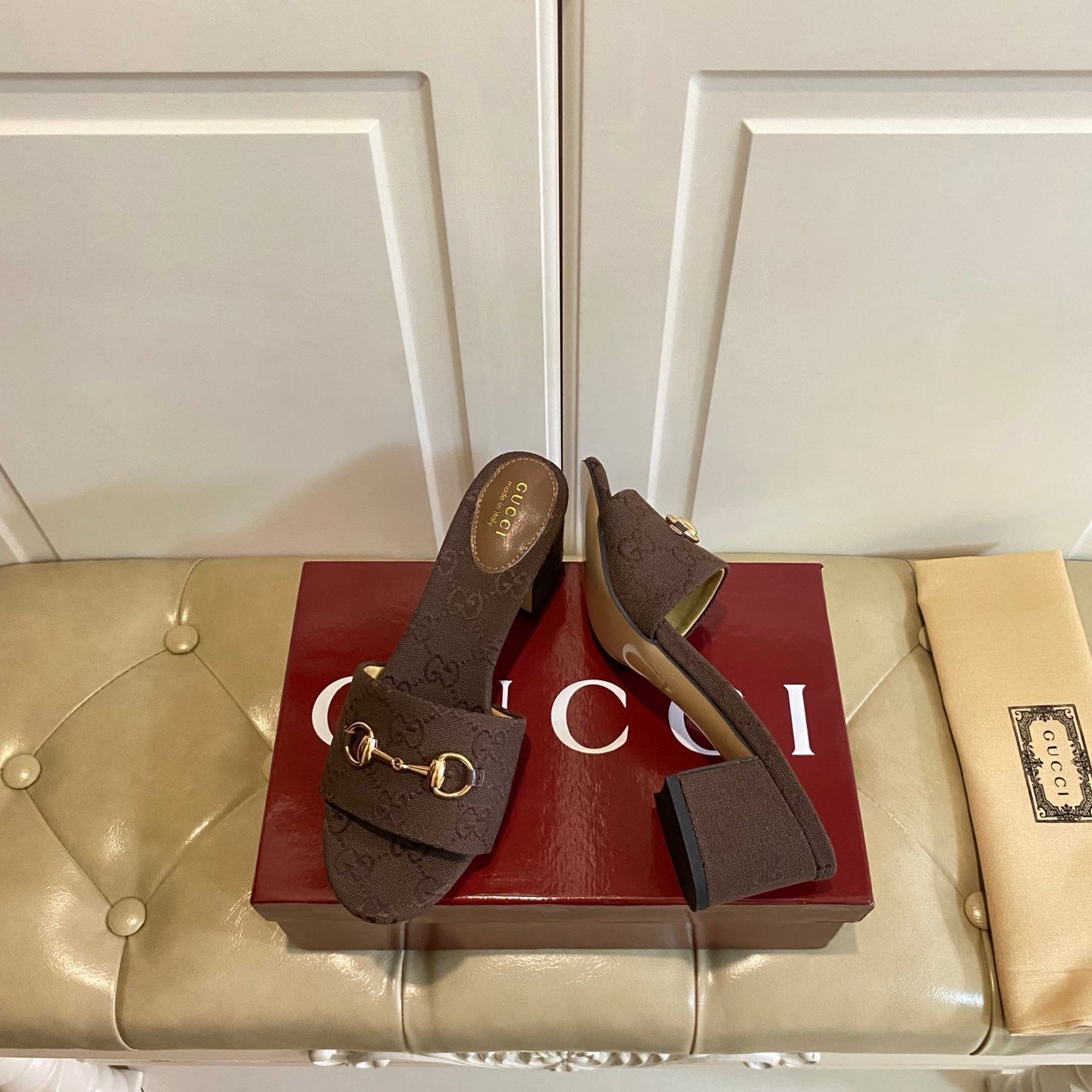 GUCCI 26S HIGH-HEELED SANDALS 65 MM IN DARK BROWN CANVAS