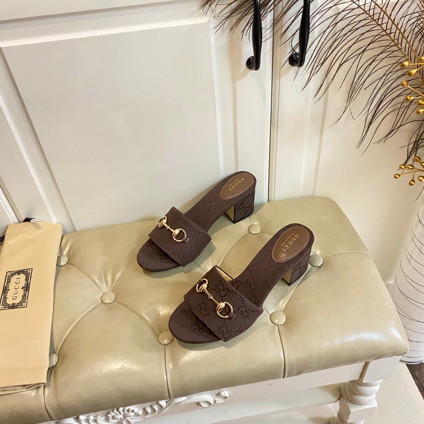 GUCCI 26S HIGH-HEELED SANDALS 65 MM IN DARK BROWN CANVAS