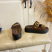 PRADA 26S DOUBLE BUCKLE SLIDE SANDALS CHUNKY SOLE IN DARK BROWN SUEDE