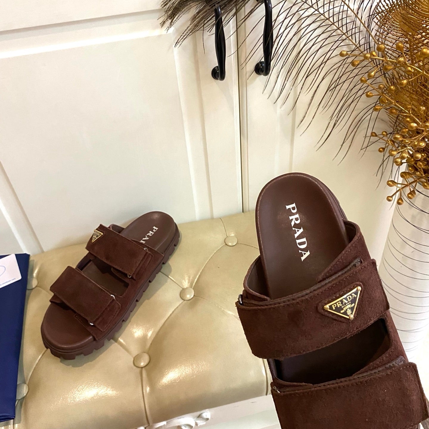 PRADA 26S DOUBLE STRAP SANDALS CHUNKY SOLE IN DARK BROWN SUEDE WITH LOGO