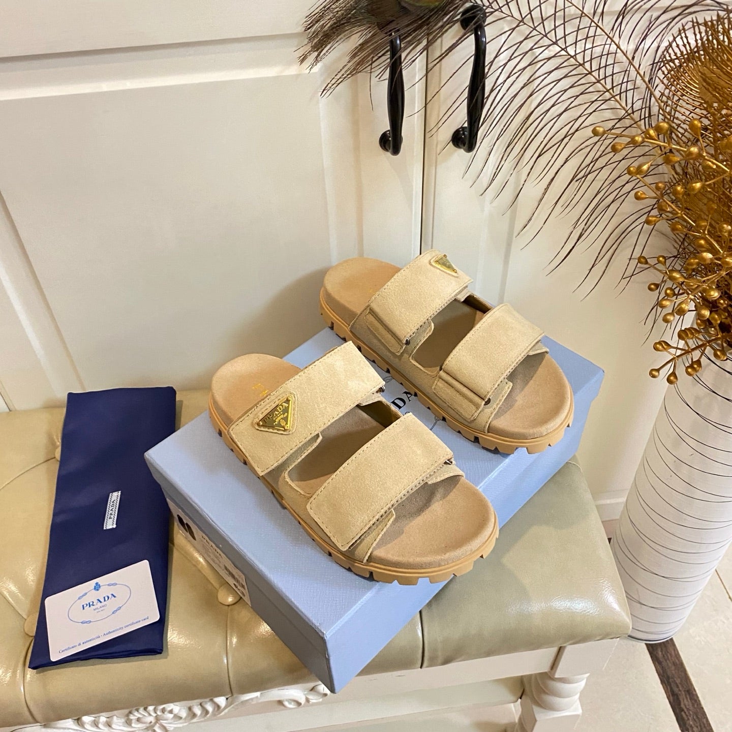 PRADA 26S DOUBLE STRAP SANDALS CHUNKY SOLE IN BEIGE SUEDE WITH LOGO
