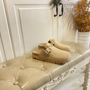 PRADA 26S BUCKLE CLOG SANDALS CHUNKY SOLE IN BEIGE SUEDE
