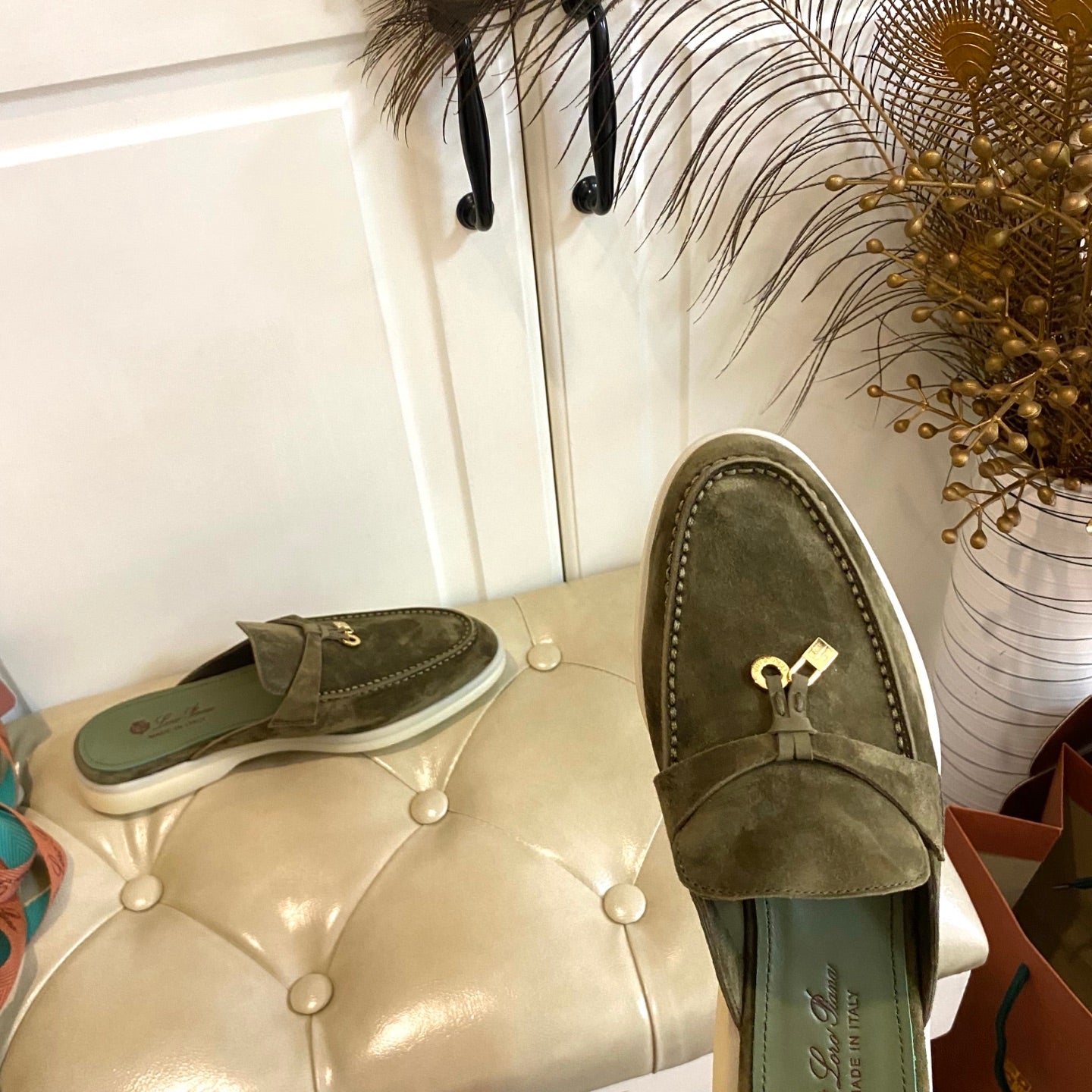 LP 26S LOCK CHARM MULES IN DARK OLIVE GREEN SUEDE GOLD HARDWARE