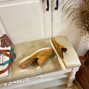 LP 26S LOCK CHARM MULES IN HONEY YELLOW SUEDE GOLD HARDWARE