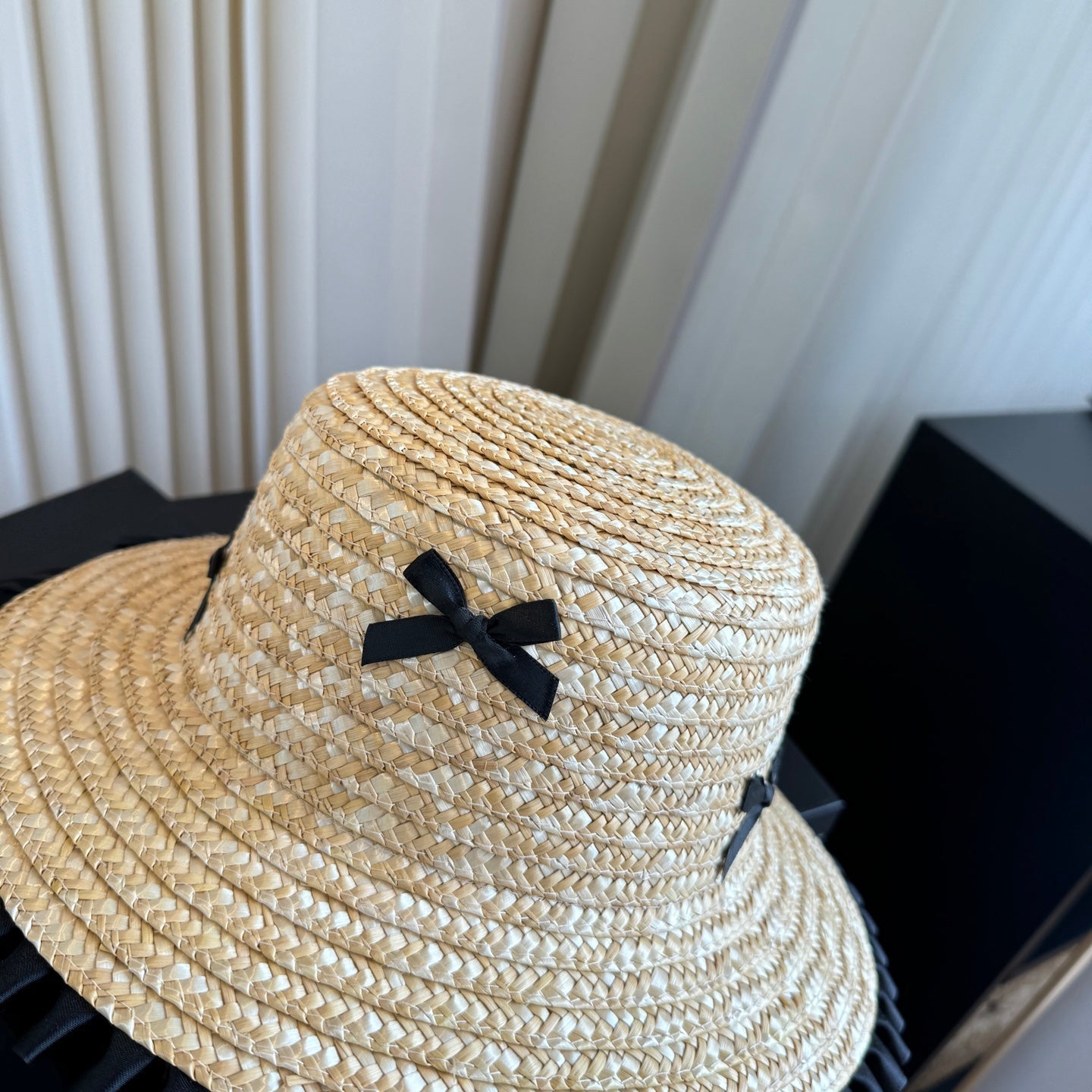 CHANEL 26S BOATER STRAW HAT WITH BLACK CC LOGO 337952