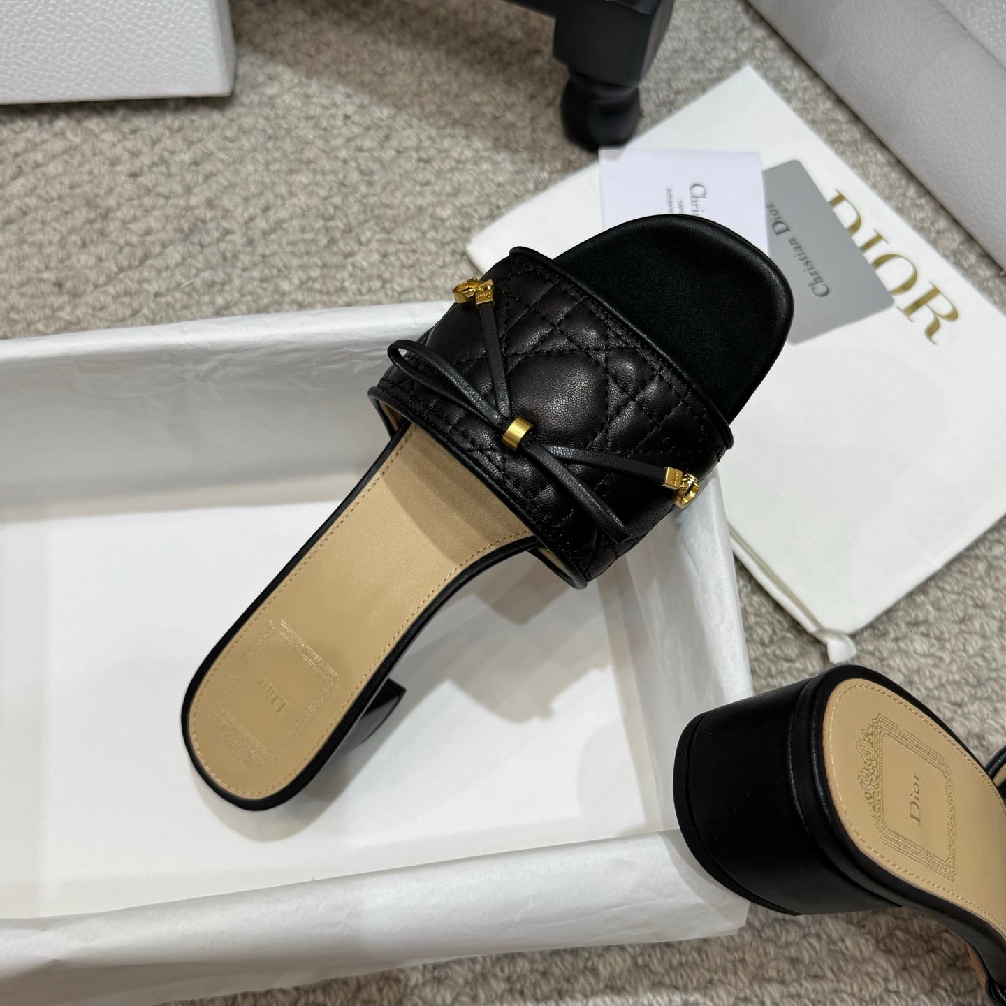 DIOR 26S HEELED MULES 45 MM IN BLACK QUILTED LAMBSKIN GOLD HARDWARE