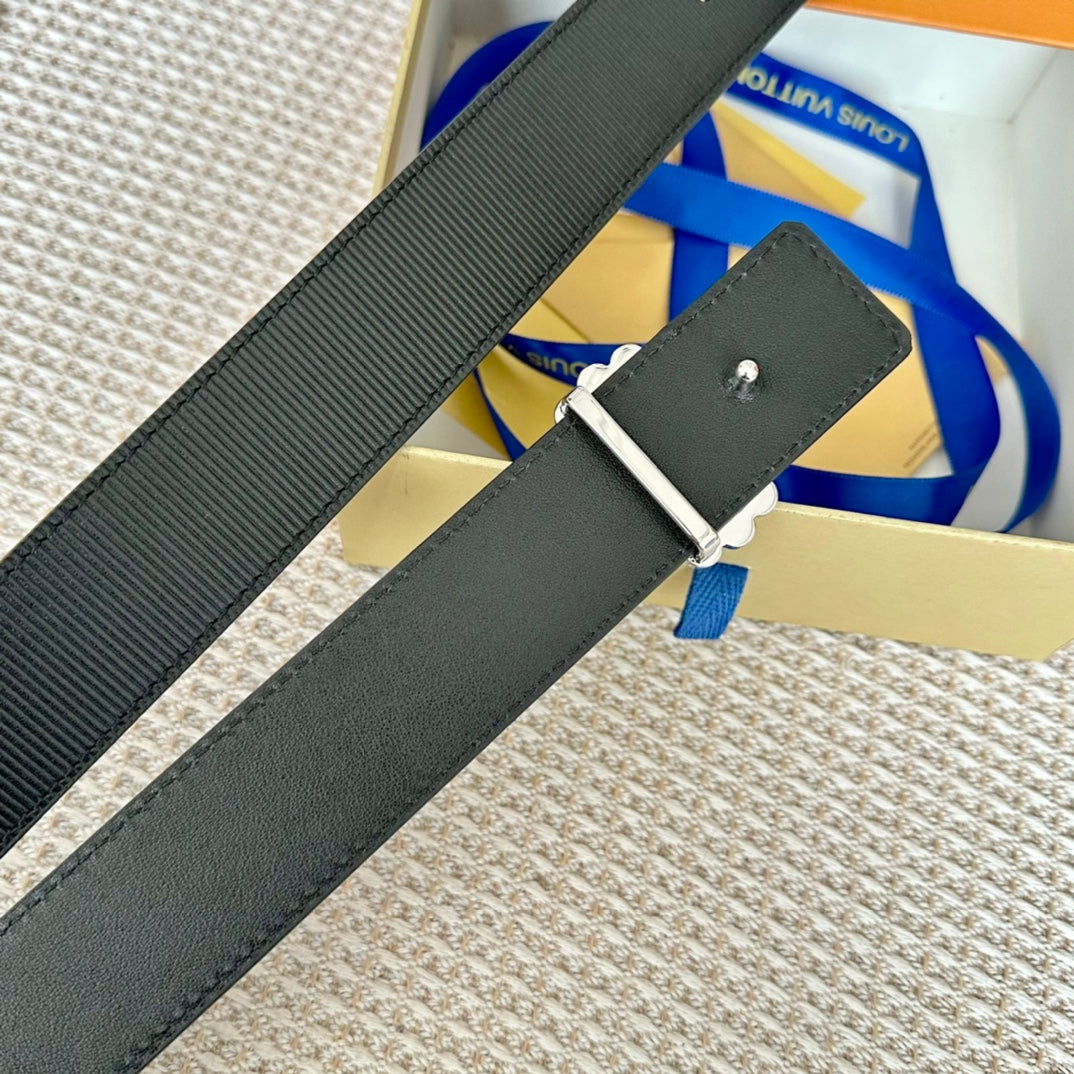 LV CIRCLE PEARL 35MM REVERSIBLE BELT IN BLACK CALFSKIN SILVER HARDWARE
