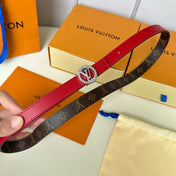 LV Circle Nautical 20mm Reversible Belt Silver Buckle Red Brown Lambskin