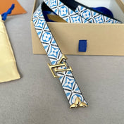 Pretty LV 20mm Reversible Belt Gold Buckle Black White Blue Leather