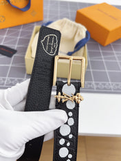 LV Bloom 30mm Belt Gold Buckle Black White Leather