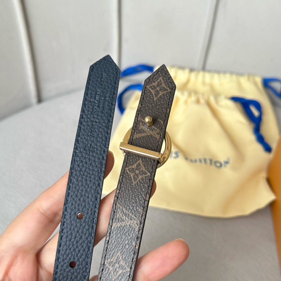 LV Circle 20mm Reversible Belt Gold Buckle Black Brown Leather