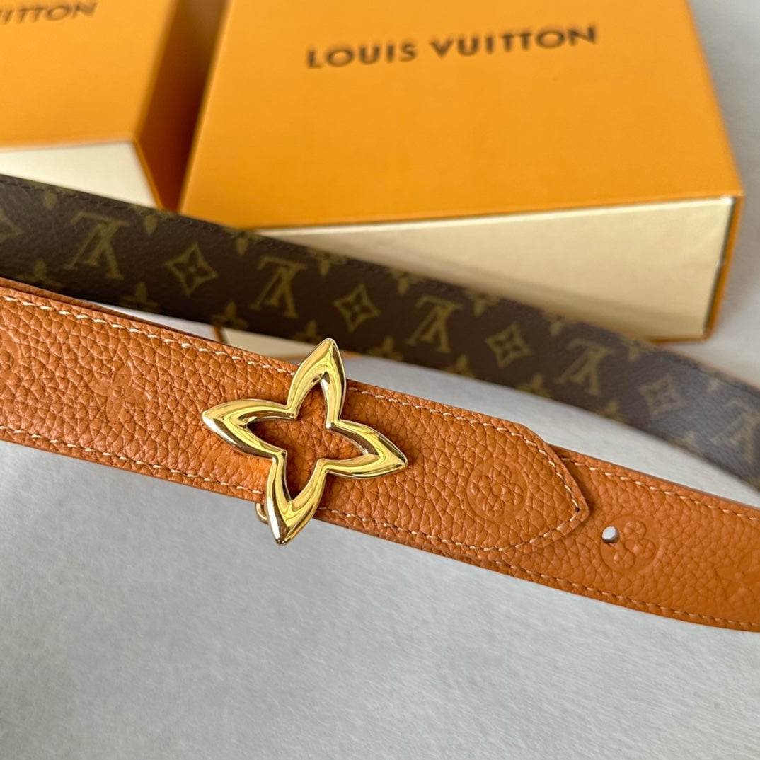 LV  MINI FLOWERGRAM 30MM REVERSIBLE BELT IN BRONZE BROWN EMBOSSED CALFSKIN GOLD HARDWARE
