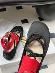 DIOR STRETCH BALLET FLATS 25S IN BLACK MIX RED FABRIC WITH CROSSED STRAPS