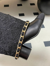 CC FLORAL BOOTS 60MM IN BLACK CALFSKIN WITH GOLD CHAIN