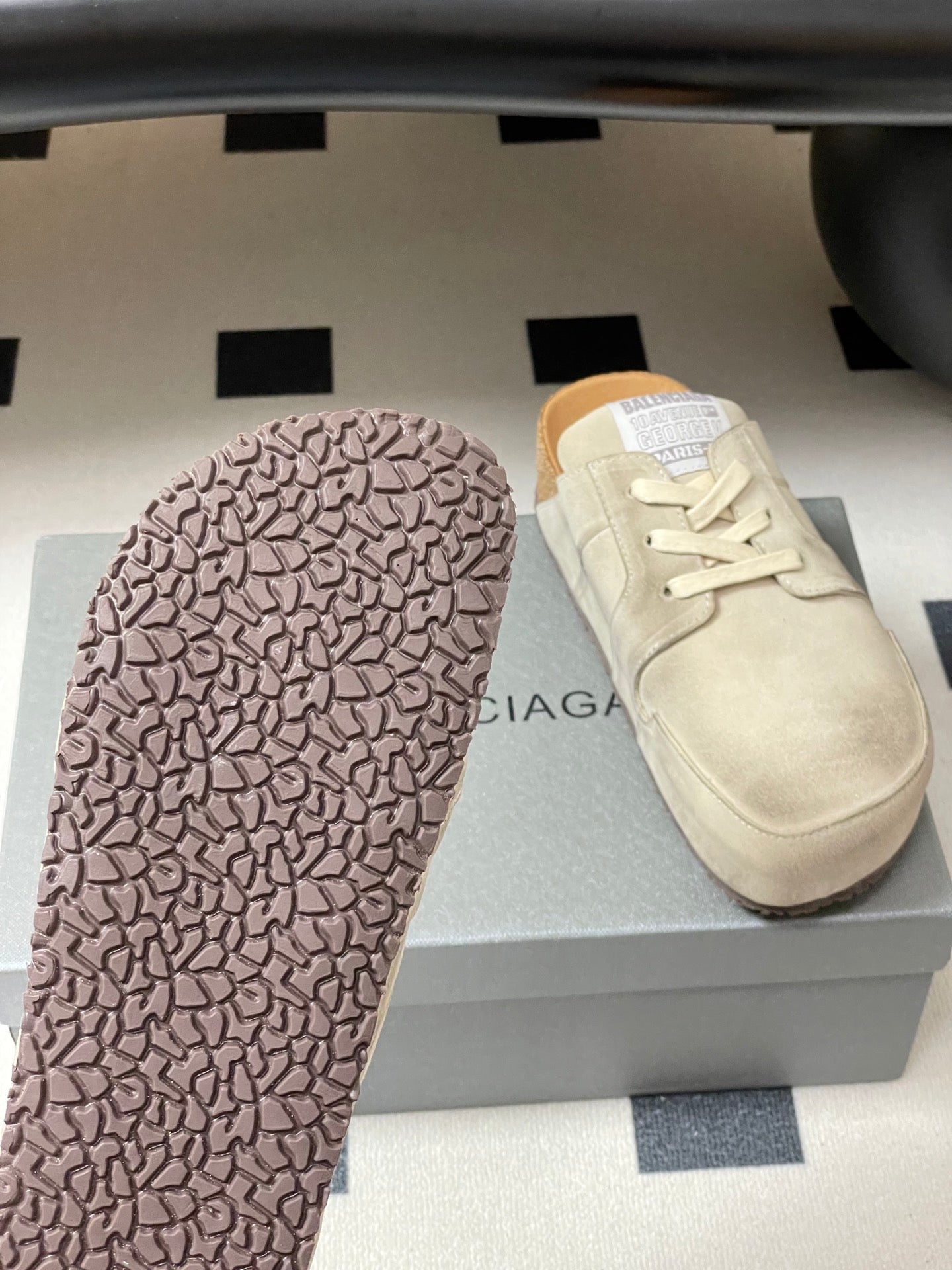 BALENCIAGA 25S MULES BIRKENSTOCK IN CREAM BEIGE SUEDE