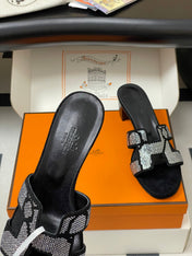 HM 25S ORAN HIGH‑HEEL SANDAL 50 MM IN BLACK LAMBSKIN WITH WHITE STONE DETAILS