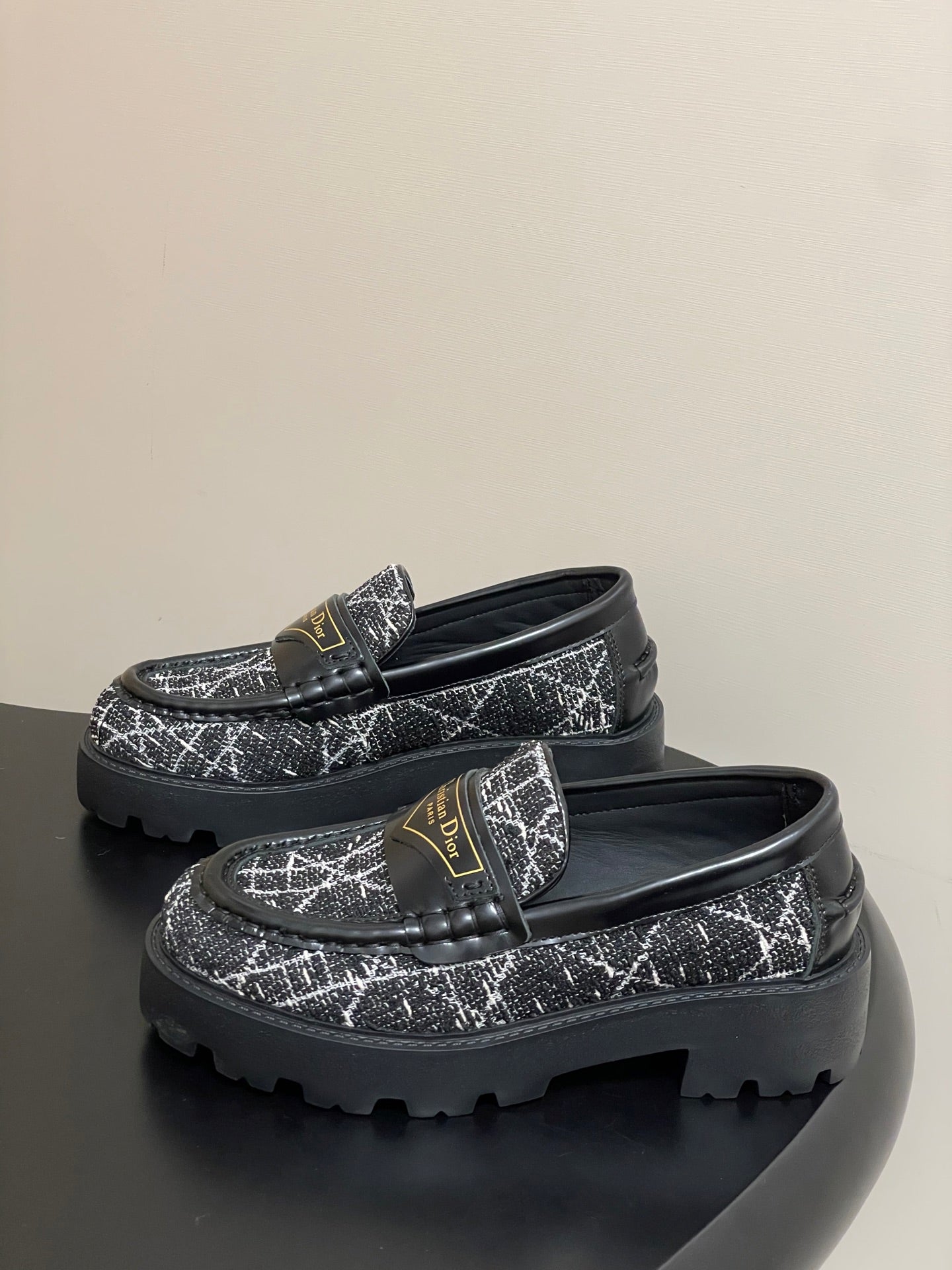 DIOR 25S BOY PLATFORM LOAFERS IN BLACK MIX WHITE TWEED AND LAMBSKIN