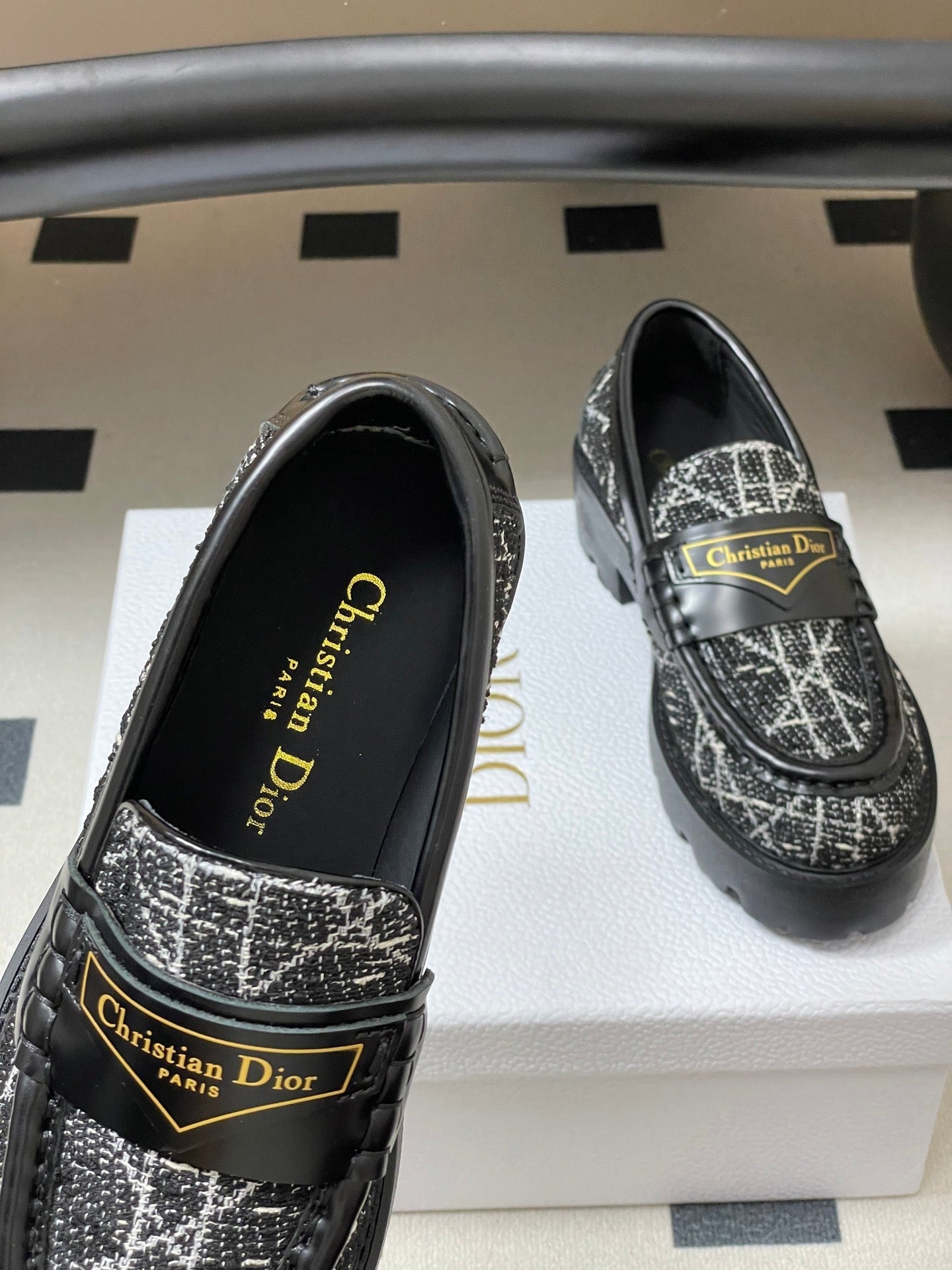 DIOR 25S BOY PLATFORM LOAFERS IN BLACK MIX WHITE TWEED AND LAMBSKIN